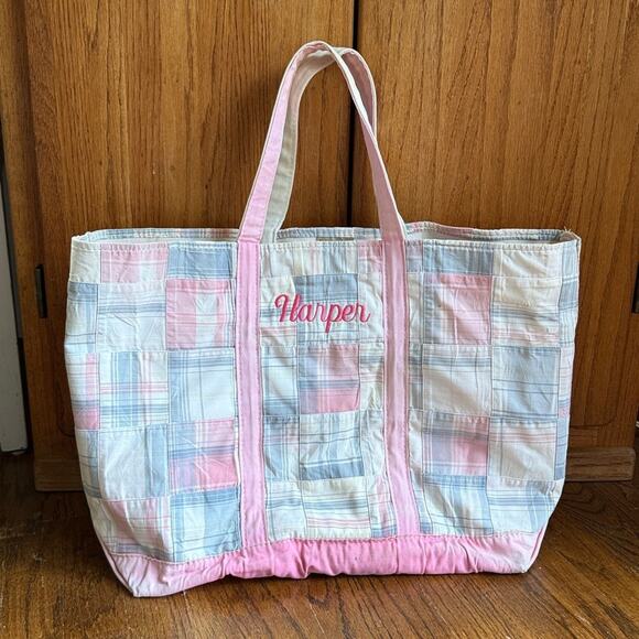 Llbean vintage pink plaid large boat and tote purse bag 100% cotton canvas vtg - Picture 2 of 10